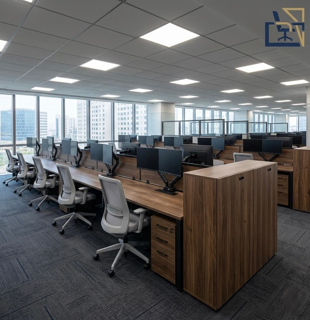 Oficina corporativa open space — workstations con madera nogal